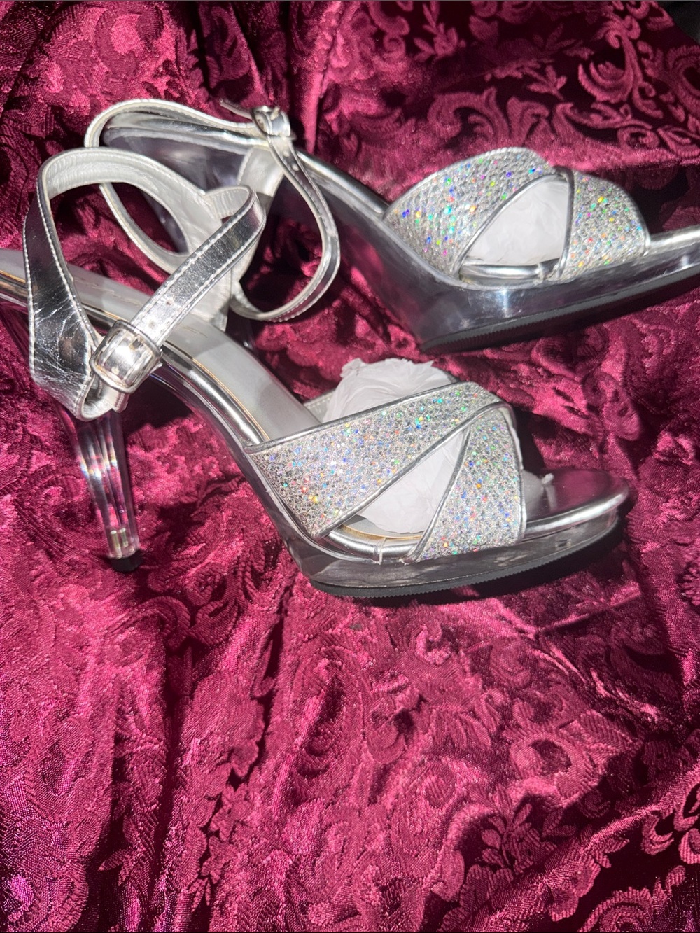 Fabulicious Silver Glitter High Heel Sandals with Ankle Strap